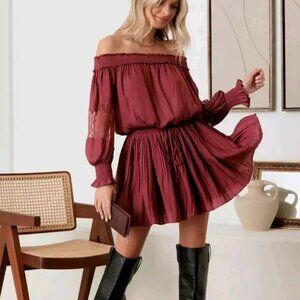 Holiday Party Dress Off The Shoulder Burgundy Red